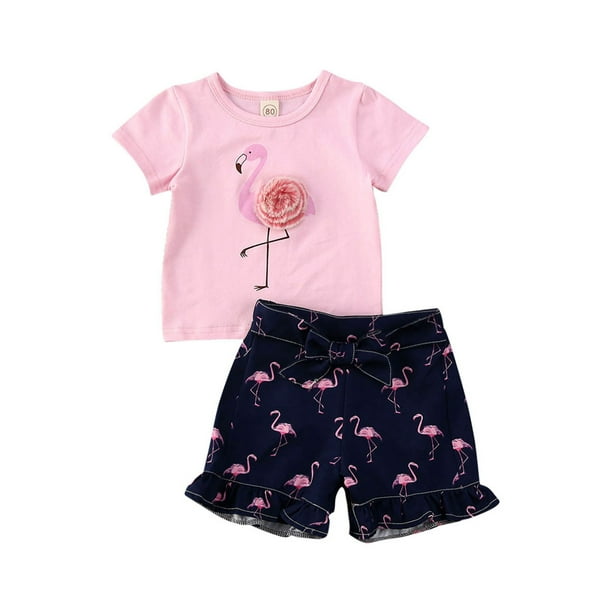 Girls Pretty Flamingo T-Shirt Top & Stripe Leggings Summer Set 12-18 Months